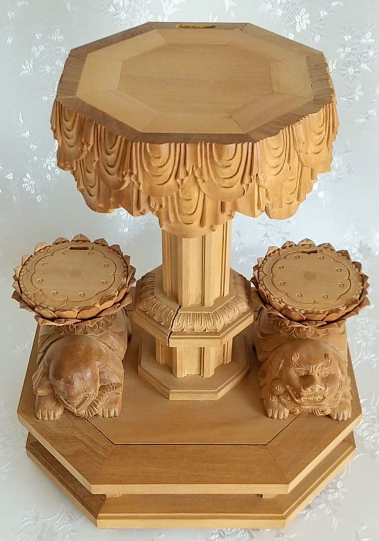 八角三尊台座　釈迦三尊用 獅子・象付き ◆白檀 木彫 仏像付属品