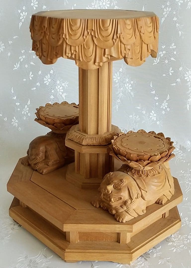 八角三尊台座　釈迦三尊用 獅子・象付き ◆白檀 木彫 仏像付属品