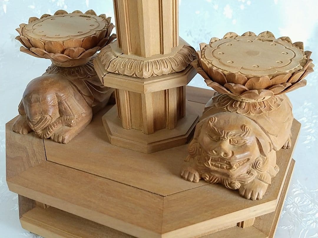 八角三尊台座　釈迦三尊用 獅子・象付き ◆白檀 木彫 仏像付属品