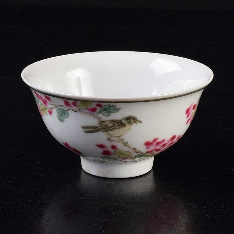 中国　粉彩漢詩花鳥文　煎茶碗　C　R8963