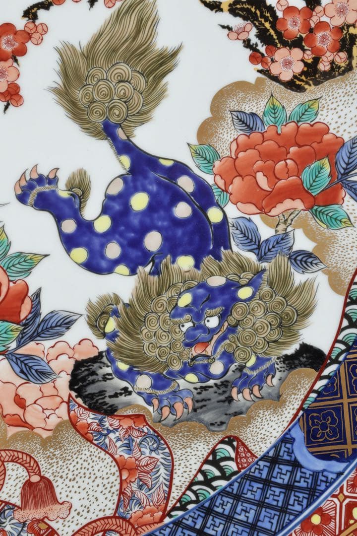 有田焼 神右エ門作 特大染綿唐獅子図大皿 飾皿 99.5㎝ 皿立付 骨董 古美術