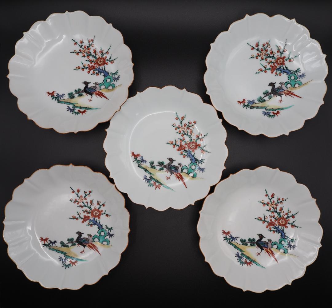 四代三浦竹泉 橘彩花卉雙禽画 絵皿 平皿 5客 共箱