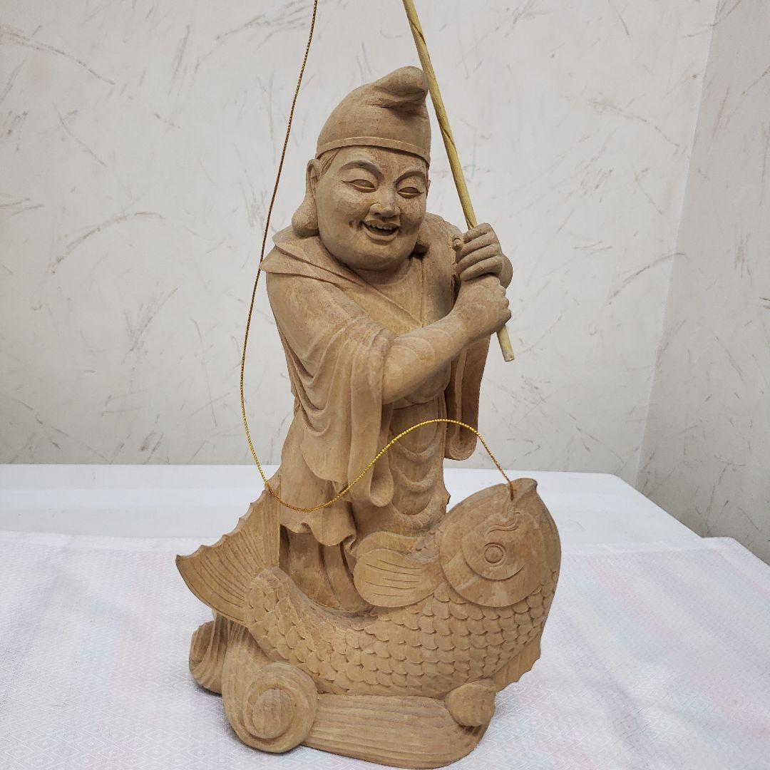 Ｂフライデー蔵出し特価縁起物七福神楠材恵比寿像えべっさん身丈23cm棹先34cm