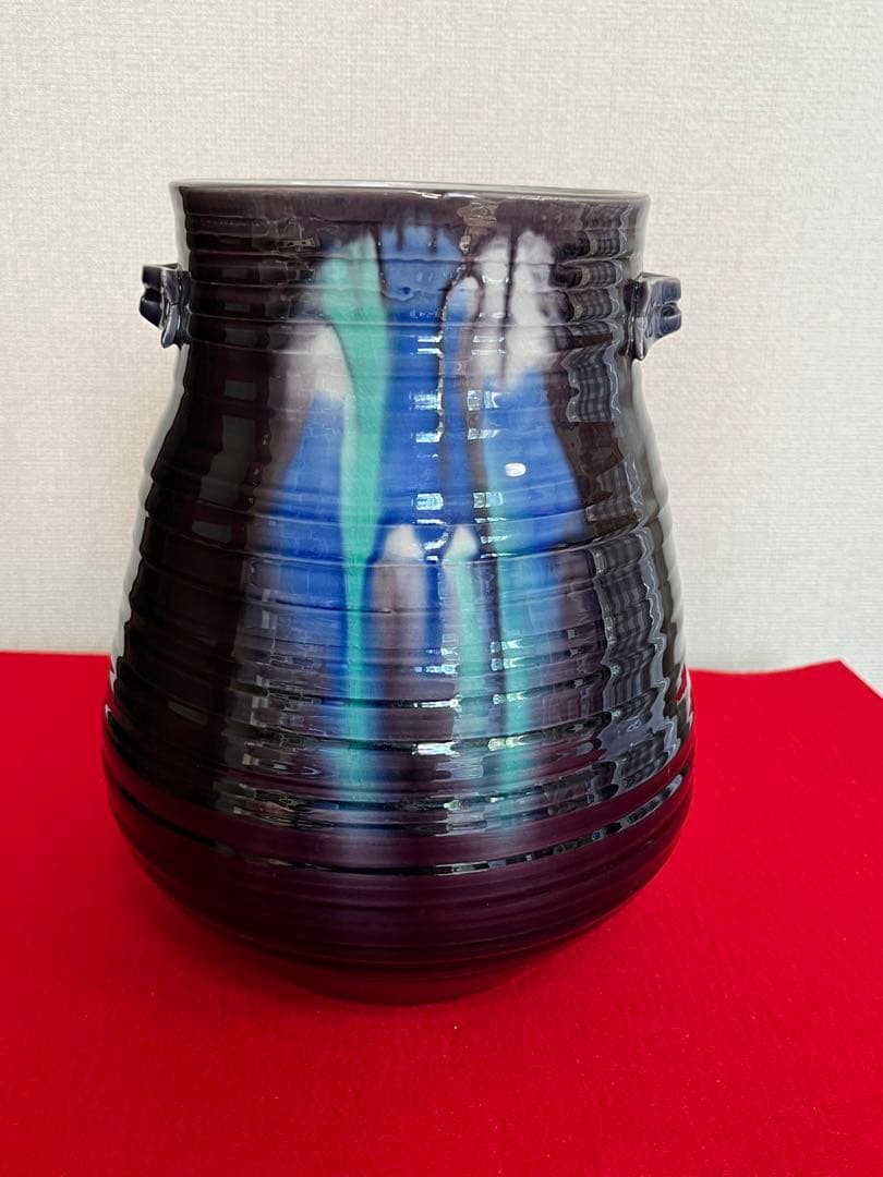 【大型】人間国宝 徳田八十吉  (正彦銘) 彩釉 耳付き 花瓶 管理T201