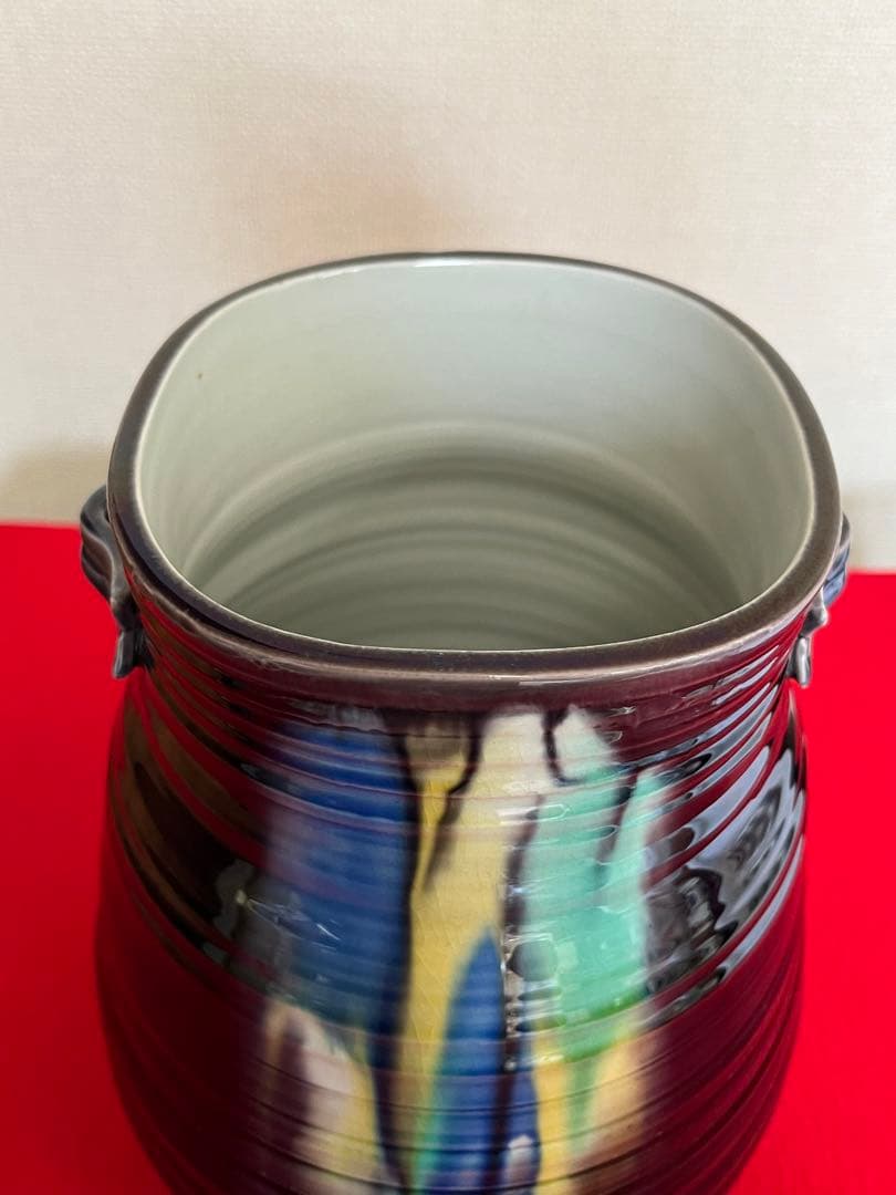 【大型】人間国宝 徳田八十吉  (正彦銘) 彩釉 耳付き 花瓶 管理T201