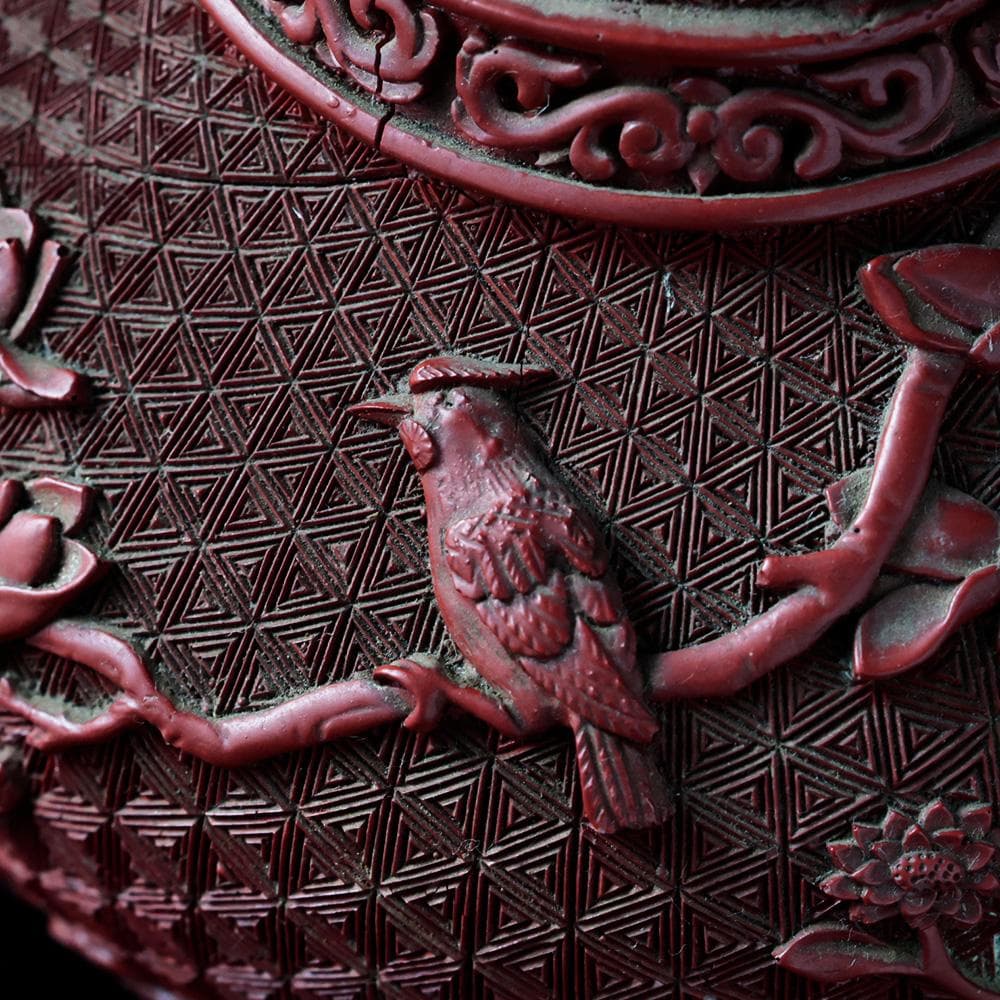 T中国美術　堆朱　花瓶　細密花鳥彫　朱塗り　漆器　古玩