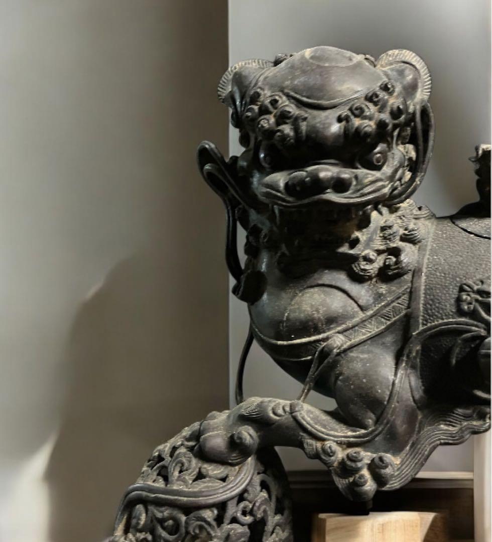 旧家　古い銅製　高炉　獅子　古銅宣徳銅　神獣　魔除　縁起物　彫金　玉獅子