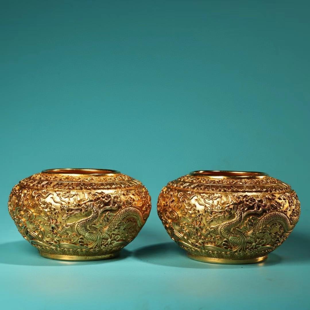 中国古美術・旧蔵収鎏金龍缶一対・純銅细密彫・純手作り・高浮彫・置物・酒器・茶道具