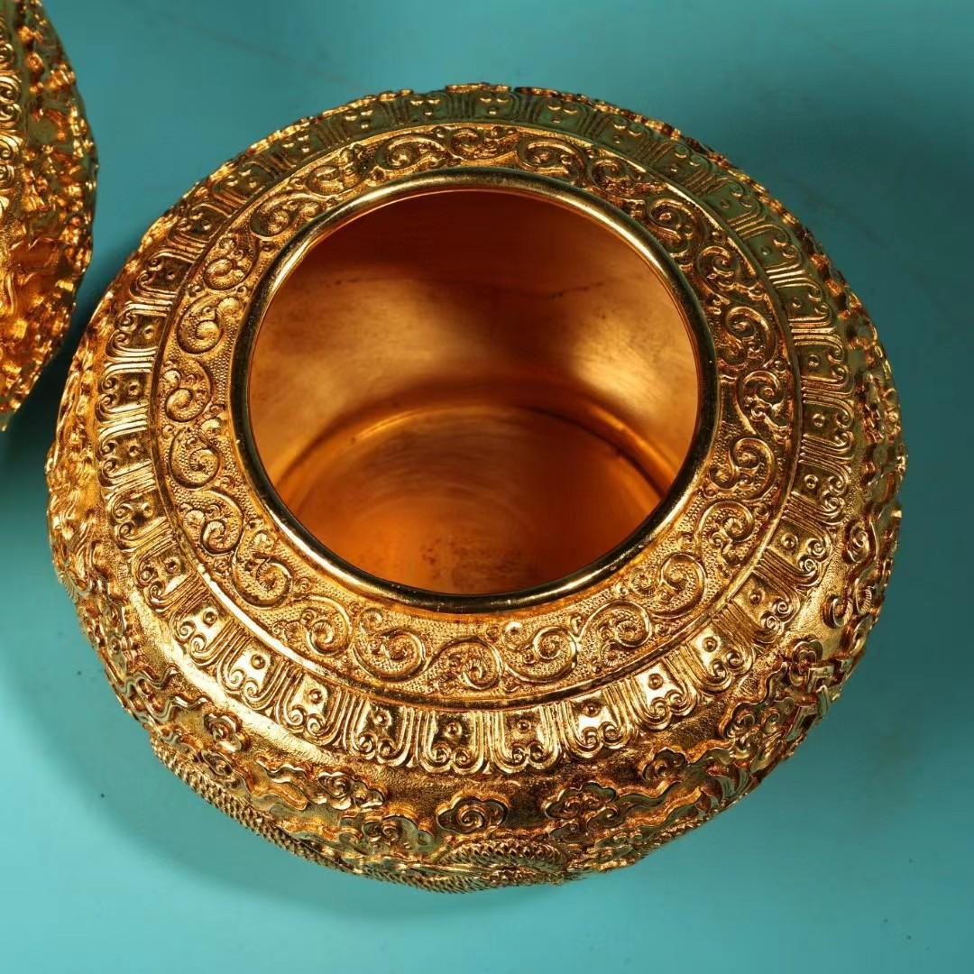 中国古美術・旧蔵収鎏金龍缶一対・純銅细密彫・純手作り・高浮彫・置物・酒器・茶道具