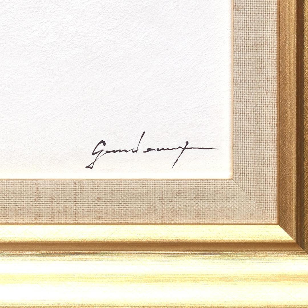 肉筆油絵●【日の出の太陽と白富士】がんどうあつし絵画F4号額縁付富士山朝日本