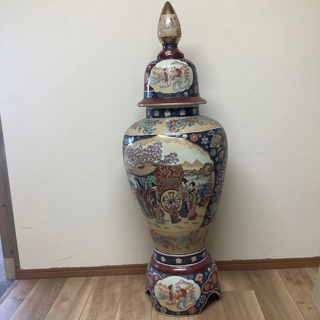 薩摩焼？　古代美人図　壺飾り壺　沈香壺　大型　大サイズ