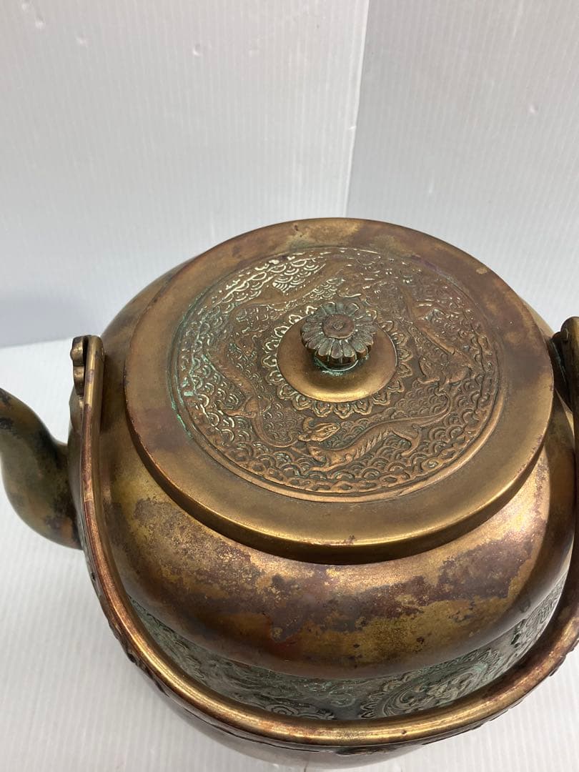 【時代物】銅製 薬缶 水注 湯沸 煎茶道具 毛彫 花文 唐草 骨董品