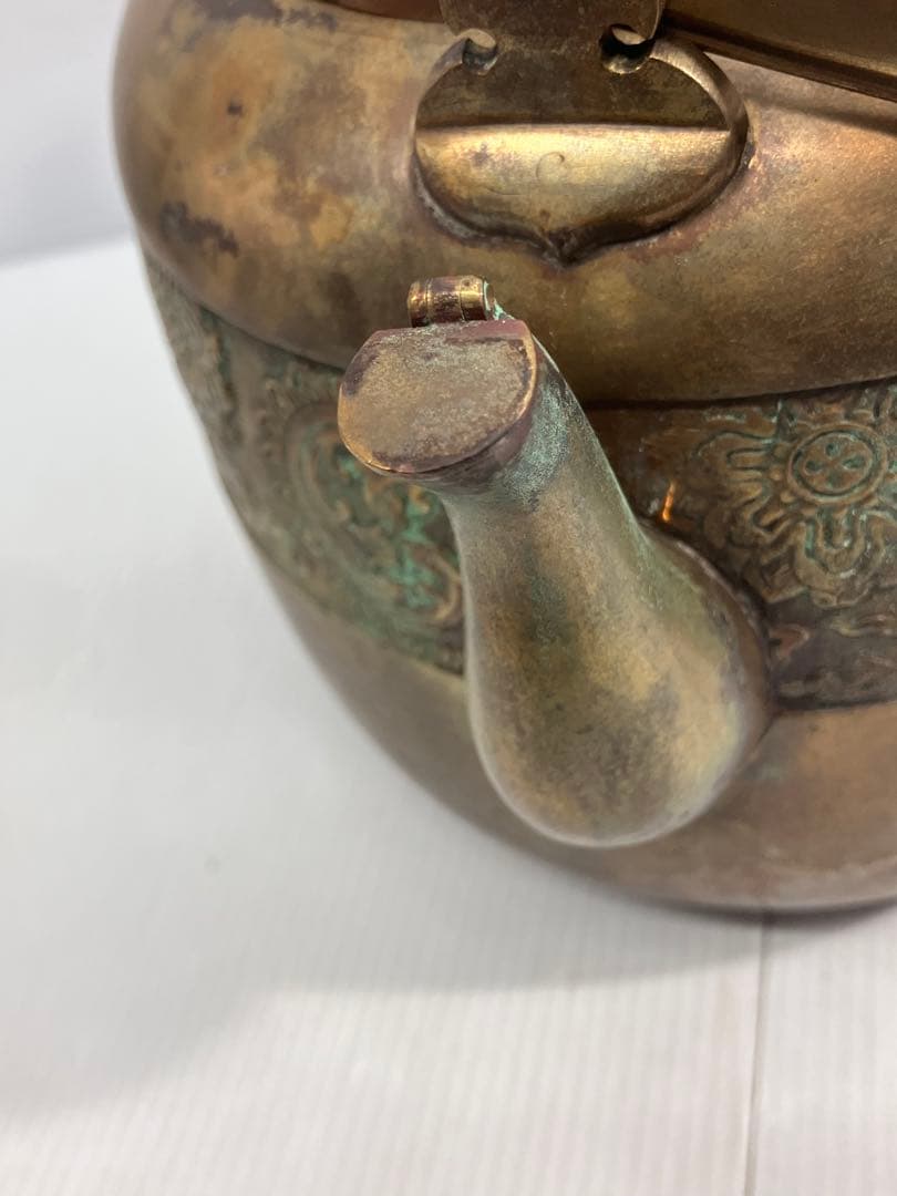 【時代物】銅製 薬缶 水注 湯沸 煎茶道具 毛彫 花文 唐草 骨董品