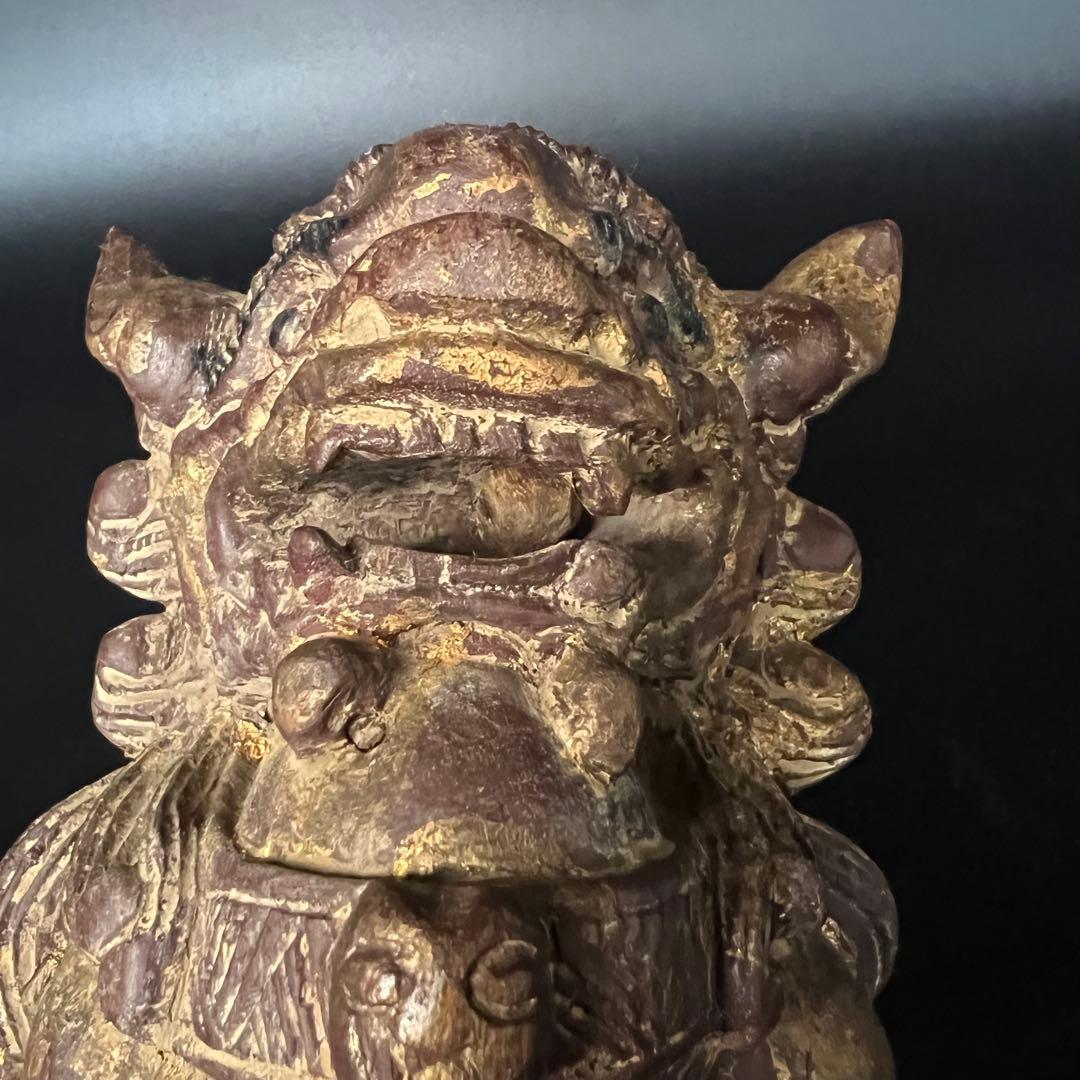 ◎古道具 庵々◎清朝中後期 木彫 守護獅子置物◎狛犬 唐物中国古美術 骨董古寺院