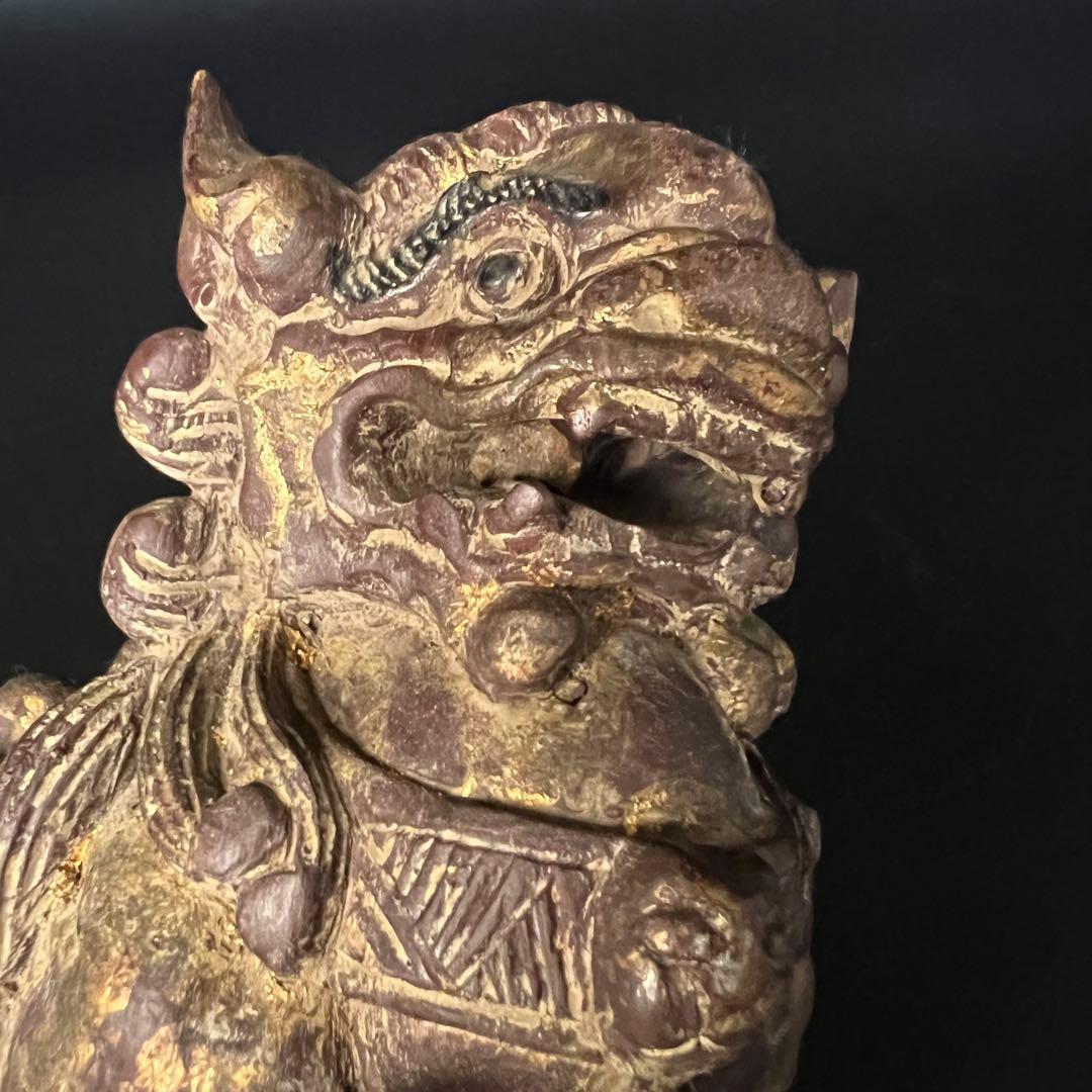 ◎古道具 庵々◎清朝中後期 木彫 守護獅子置物◎狛犬 唐物中国古美術 骨董古寺院