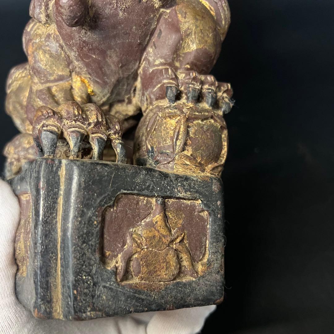 ◎古道具 庵々◎清朝中後期 木彫 守護獅子置物◎狛犬 唐物中国古美術 骨董古寺院