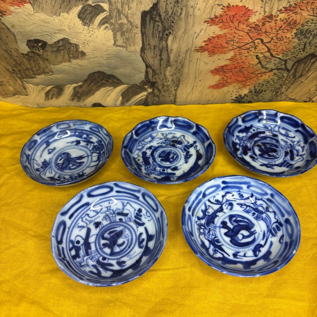 中国美術　染付皿　五客 鶴図