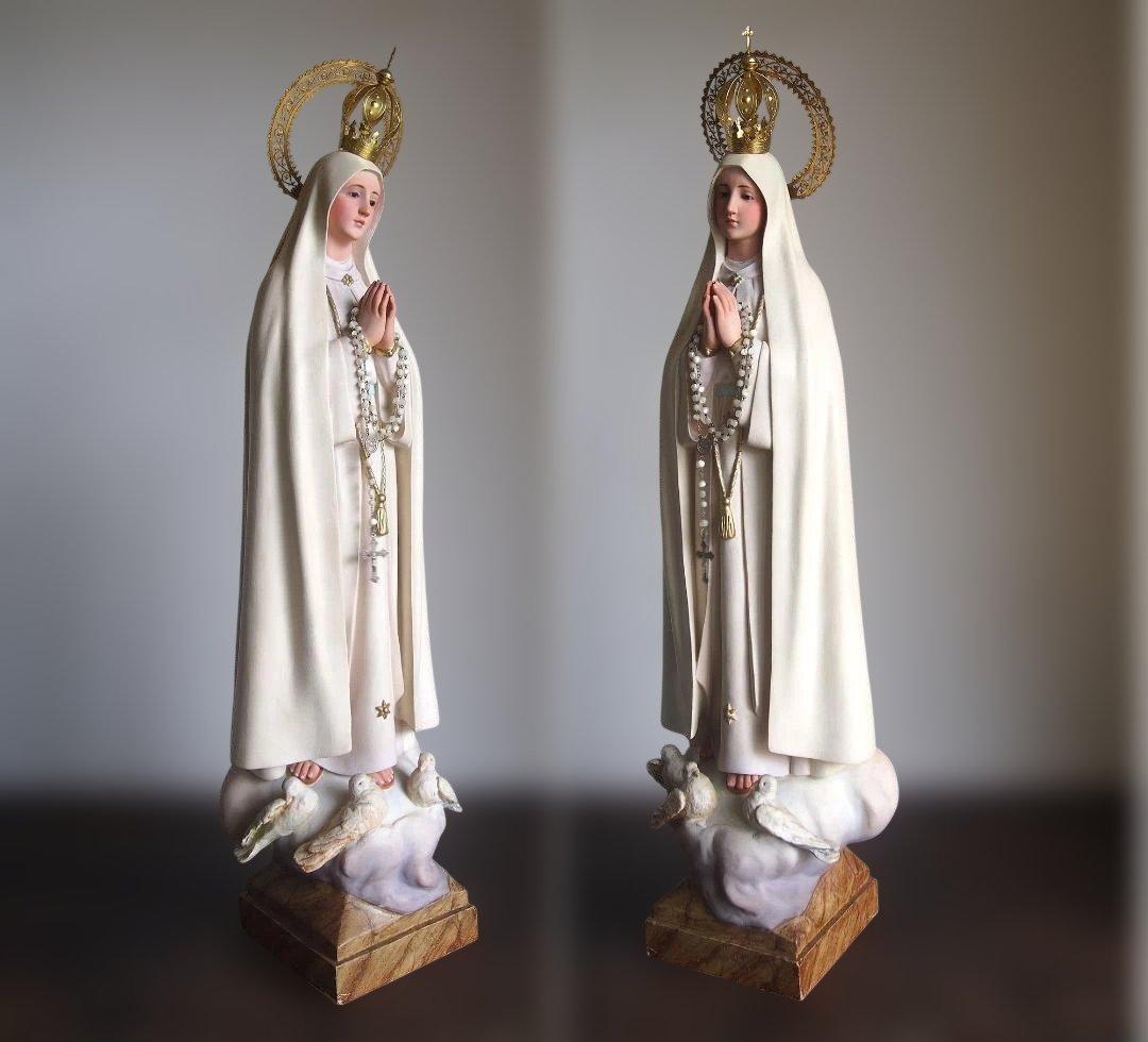 白いローブのファティマの聖母マリア像 グラスアイ69cm 宗教彫刻/K149