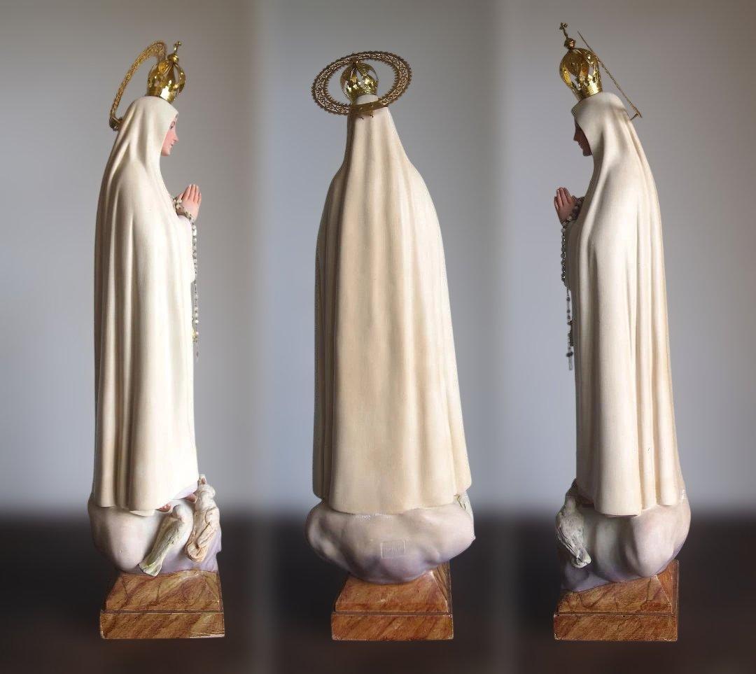 白いローブのファティマの聖母マリア像 グラスアイ69cm 宗教彫刻/K149