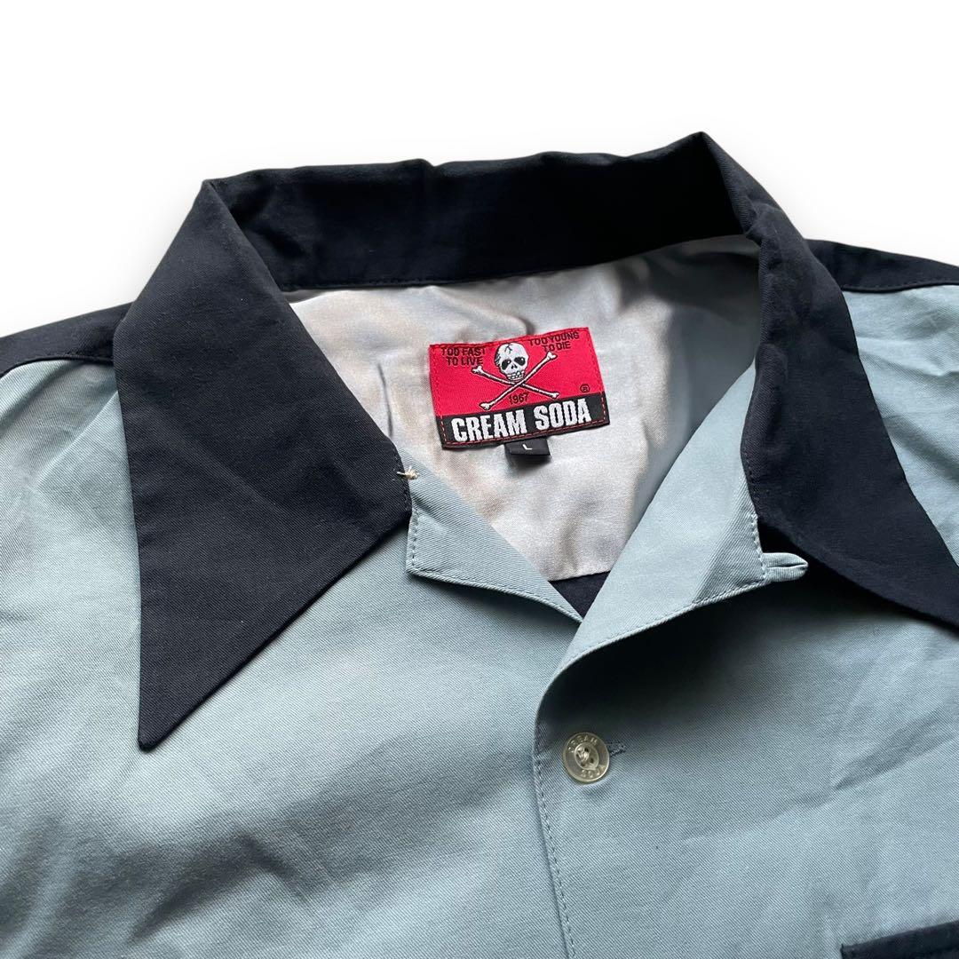未使用品 クリームソーダ ピンクドラゴン 刺繍ツートン オープンカラーシャツ L