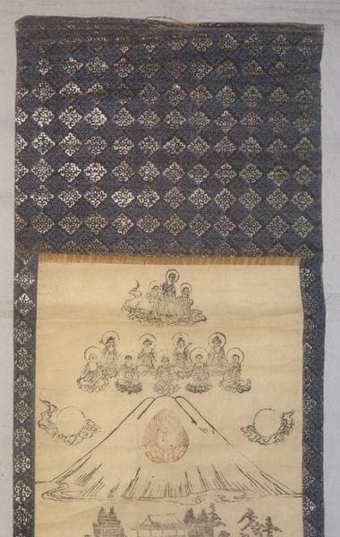 稀少 アンティーク 浅間神社 阿弥陀三尊来迎図 富士山八葉九尊 狛猿 紙本 掛軸