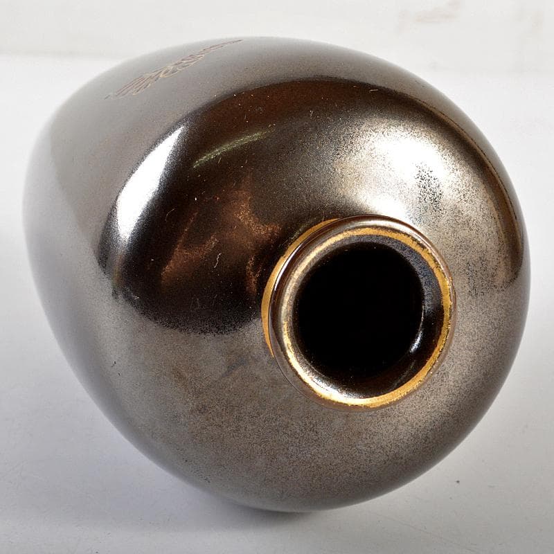 嘉子外製　鉄釉　色絵金彩　福田画　花蝶文瓶　花瓶　唐木台・時代箱付　CR5923