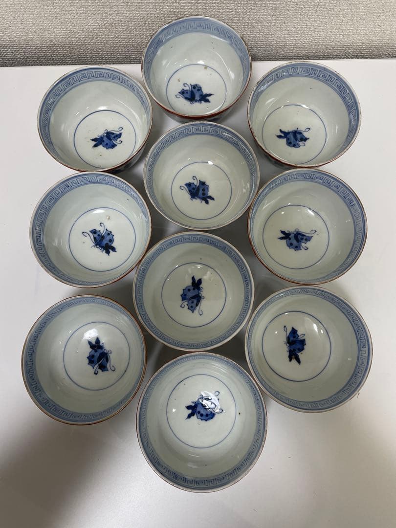 【現状品】古伊万里 染付 蓋付飯碗10客 金彩 蝶 レトロ アンティーク