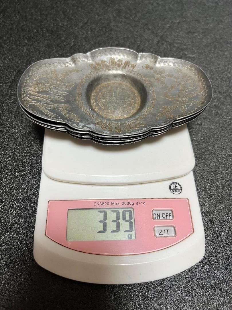 中国美術 古錫　茶托 五客　総重339g 錫 刻花卉寿字紋茶托・托子 煎茶道具