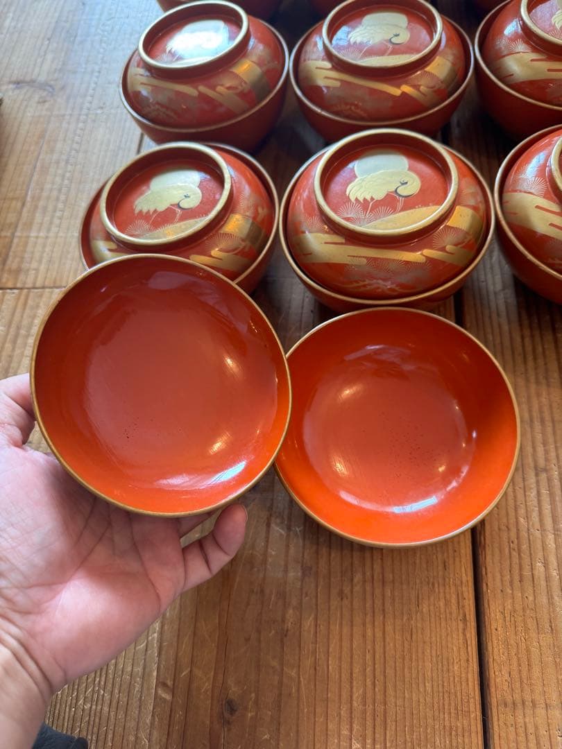 「明治〜大正 骨董 漆器 吸物椀 20客 ■華やか鶴蒔絵 ■箱付き ■送料込み」