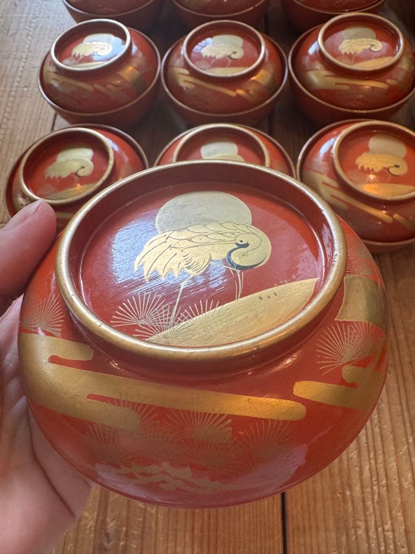 「明治〜大正 骨董 漆器 吸物椀 20客 ■華やか鶴蒔絵 ■箱付き ■送料込み」