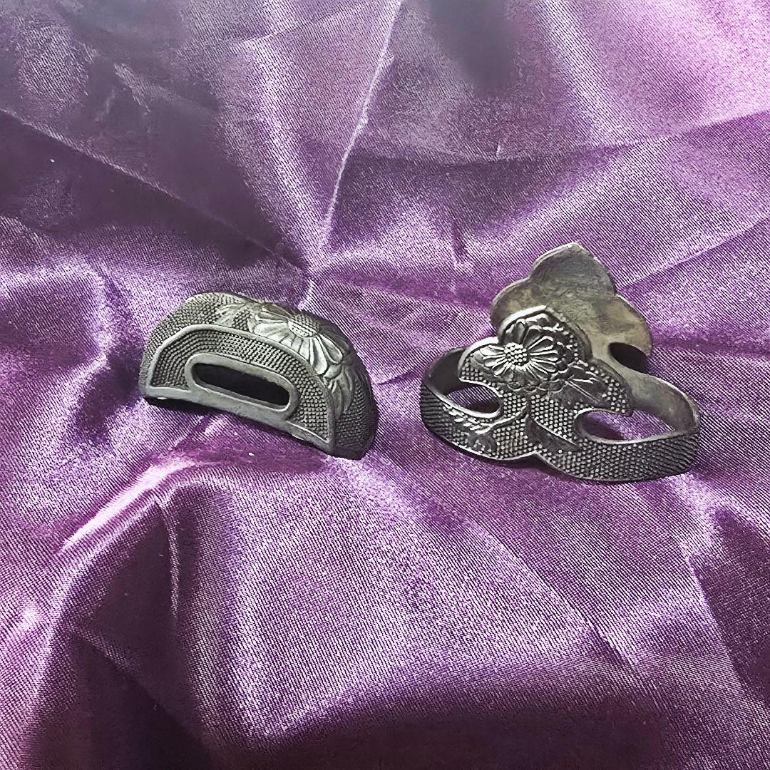 菊花文 銅地緑頭 半太刀拵 縁頭・栗形・尻金 揃金具 大縁42mm