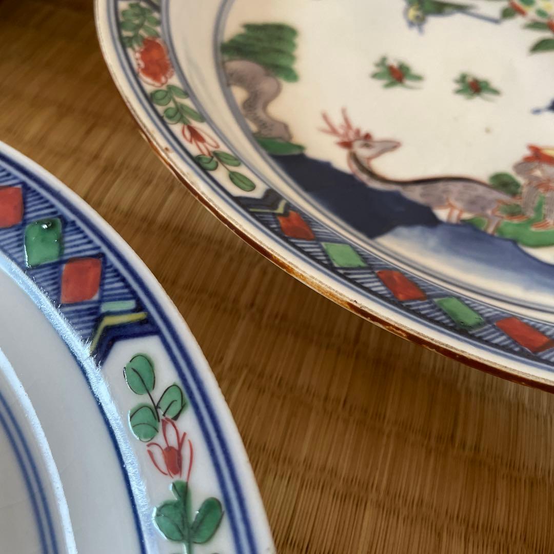 五彩猿鹿蜂文七寸皿　5客　大明成化年製