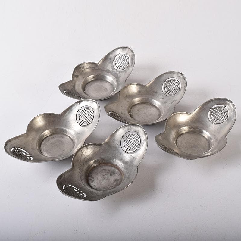 煎茶道具　古錫　鮎銅銘　透かし喜字文　木瓜式　茶托　五客　D　R8421