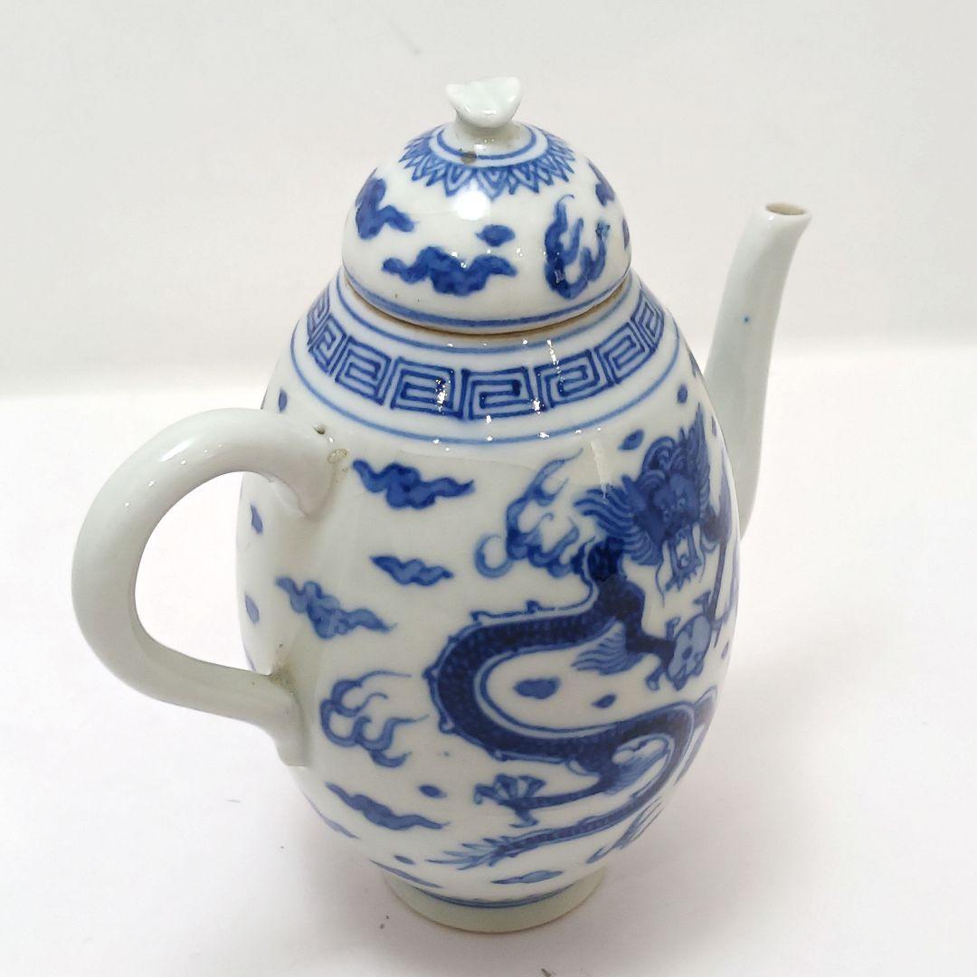 Y2466 清代唐物 新渡 古染付龍細密絵付急須 水注 萬歴年製　ma ten