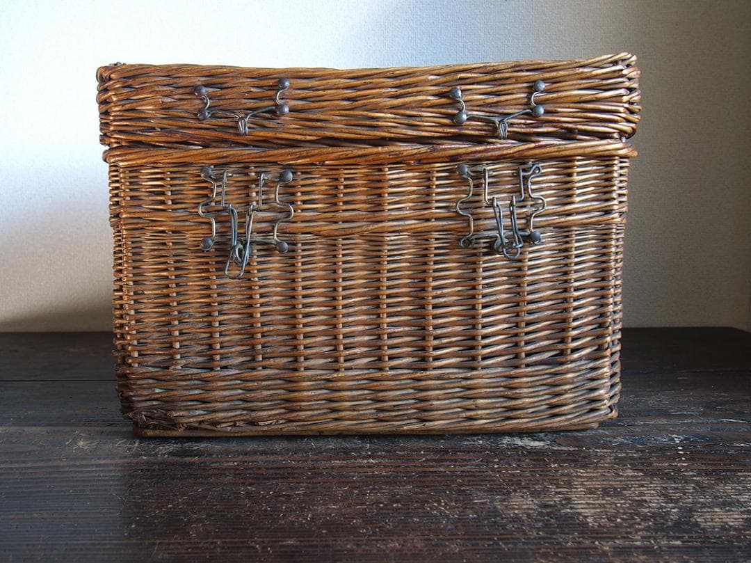 古いバスケット パニエ トランク ピクニック 旅行鞄 収納 欧州/K366