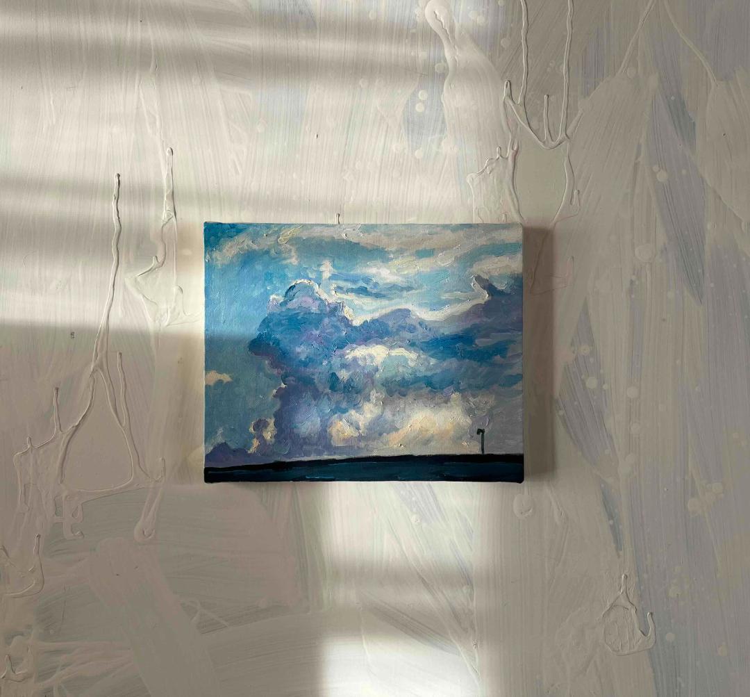 油彩画　原画「近所の風景　高速と神々の記憶が投影された空」F3 アート　絵画