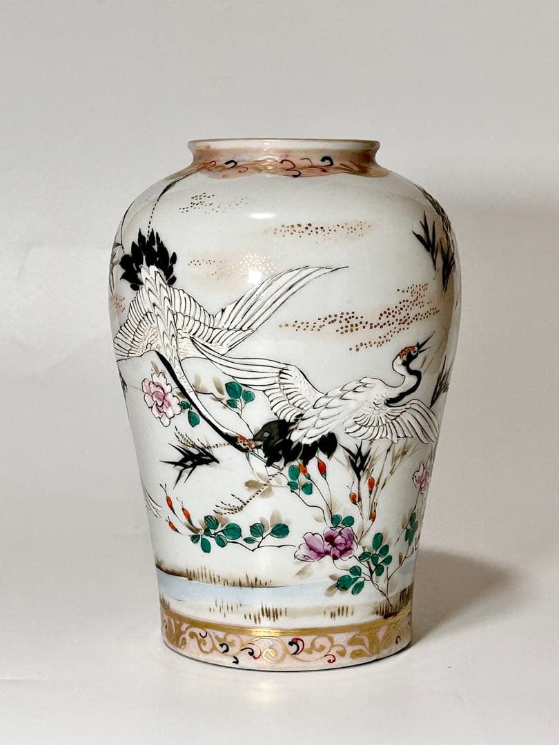 明治瀬戸の名工 加藤繁十 桃花園画 上絵飛鶴文花瓶 其の壱 名古屋絵付 瀬戸