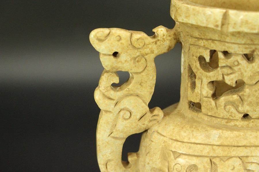 中国美術 砡石 刻 饕餮紋 香炉 置物(ZE575)