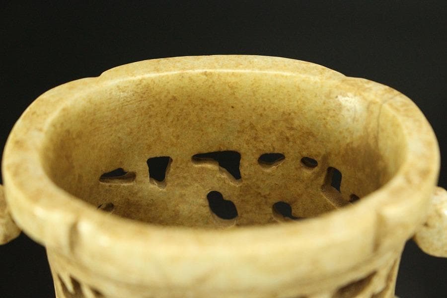 中国美術 砡石 刻 饕餮紋 香炉 置物(ZE575)