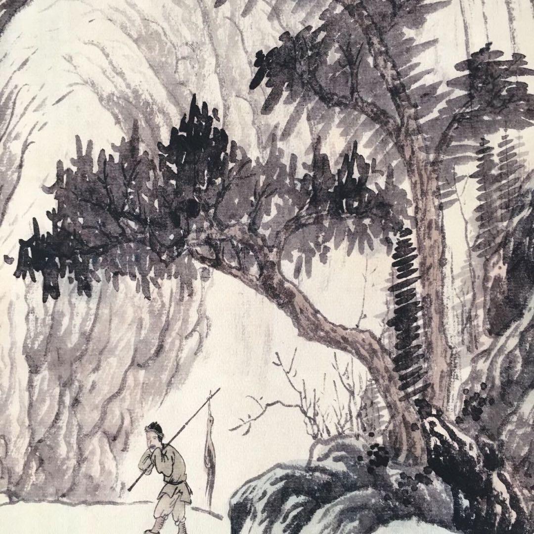 【唐伯虎・四条屏】「樵人晩帰図」掛軸セット　表装済み／163×38cm