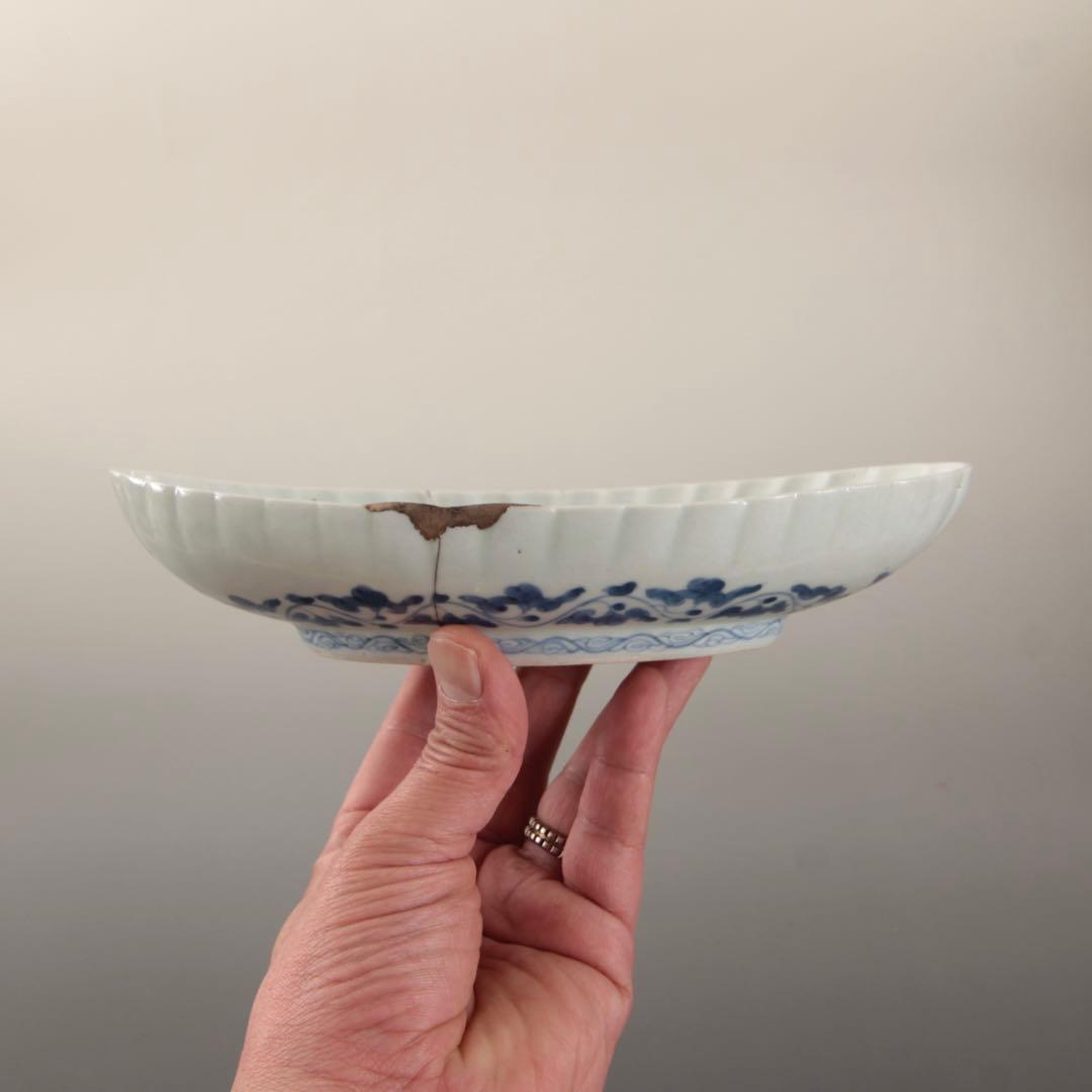 舟形 花筏文様 染付 皿 鉢 古美術 古道具 アンティーク 藍柿手