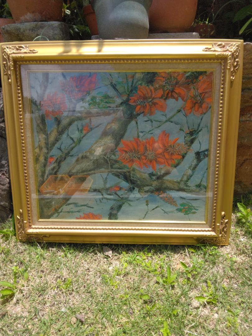 デイゴの花 油絵額縁付き