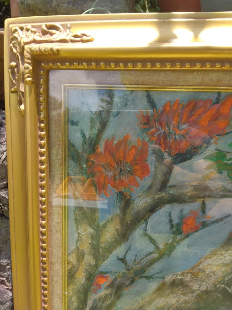 デイゴの花 油絵額縁付き