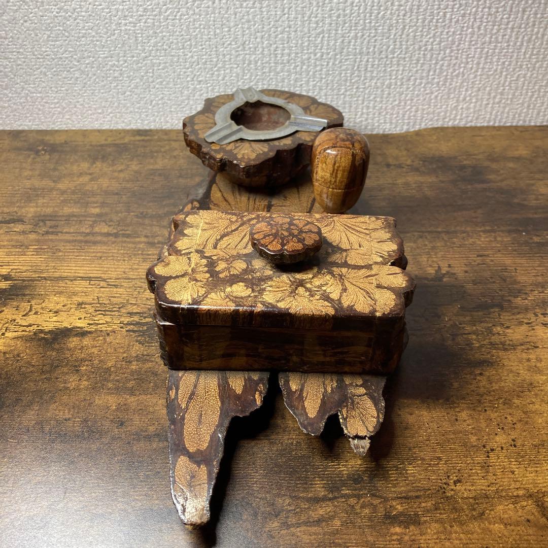 E-壁 【希少】アンティーク 樺細工 天然木 喫煙具セット灰皿・煙草入れ