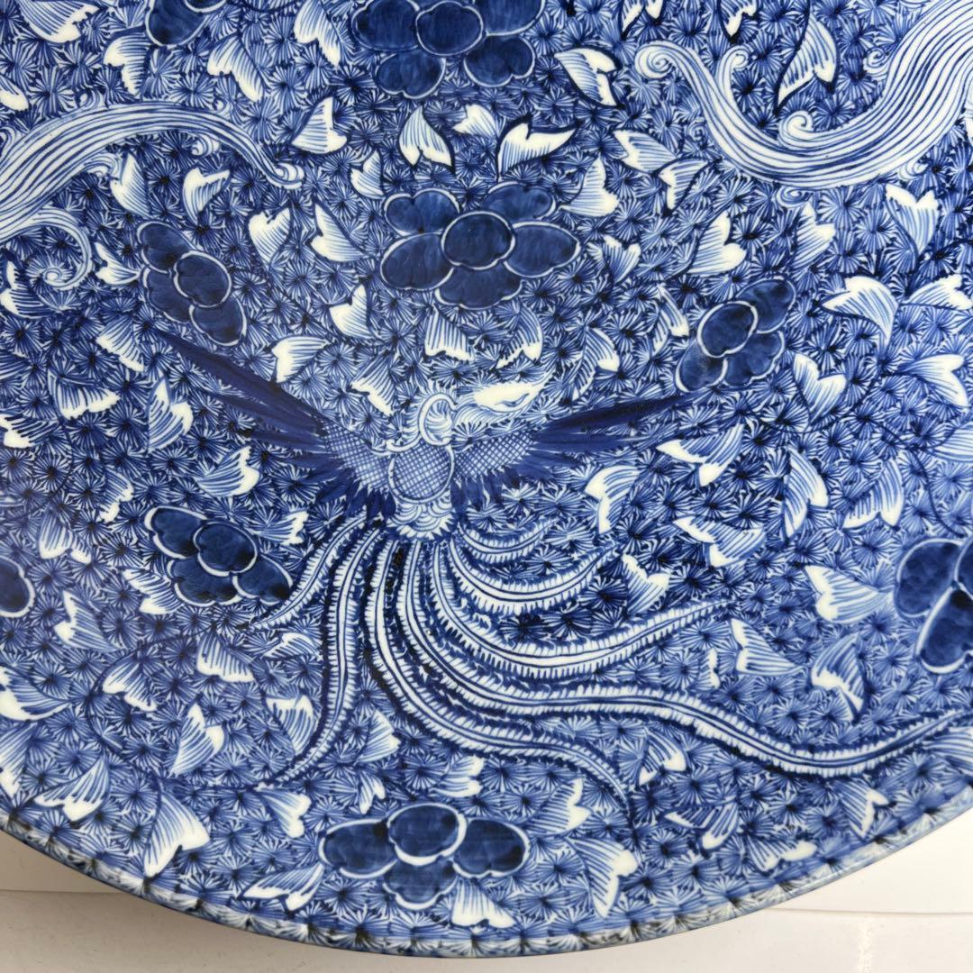 江戸中後期　古伊万里　極美品　染付鳳凰文大皿　約46.5㎝東Y7-1212☆2F
