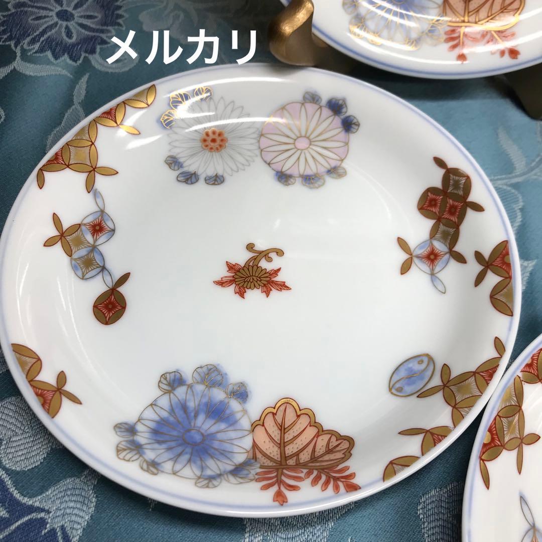 深川製磁　菊七宝　希少品　和皿揃　５枚１式　木箱入り　【廃番美品】