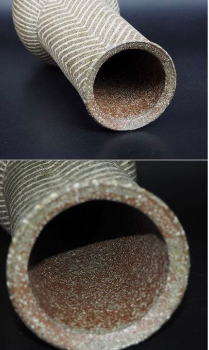 送料無料　伸也作　優雅な条紋ù灰釉花瓶　共箱　★完品無傷★