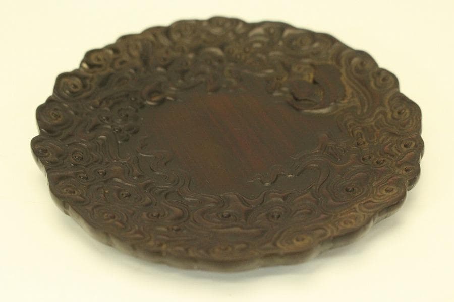 紫檀 刻 雲鶴皿 五客 細密彫刻(A758)