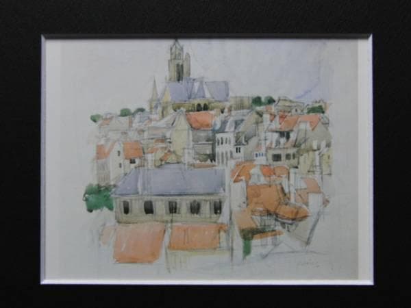 小磯良平、オーヴェル風景、希少画集画、新品高級額、額装付、状態良好