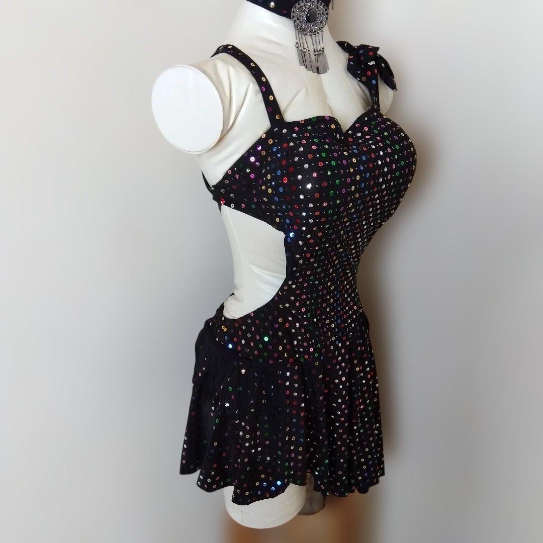 ダンス衣装 スパンコール 黒 片肩